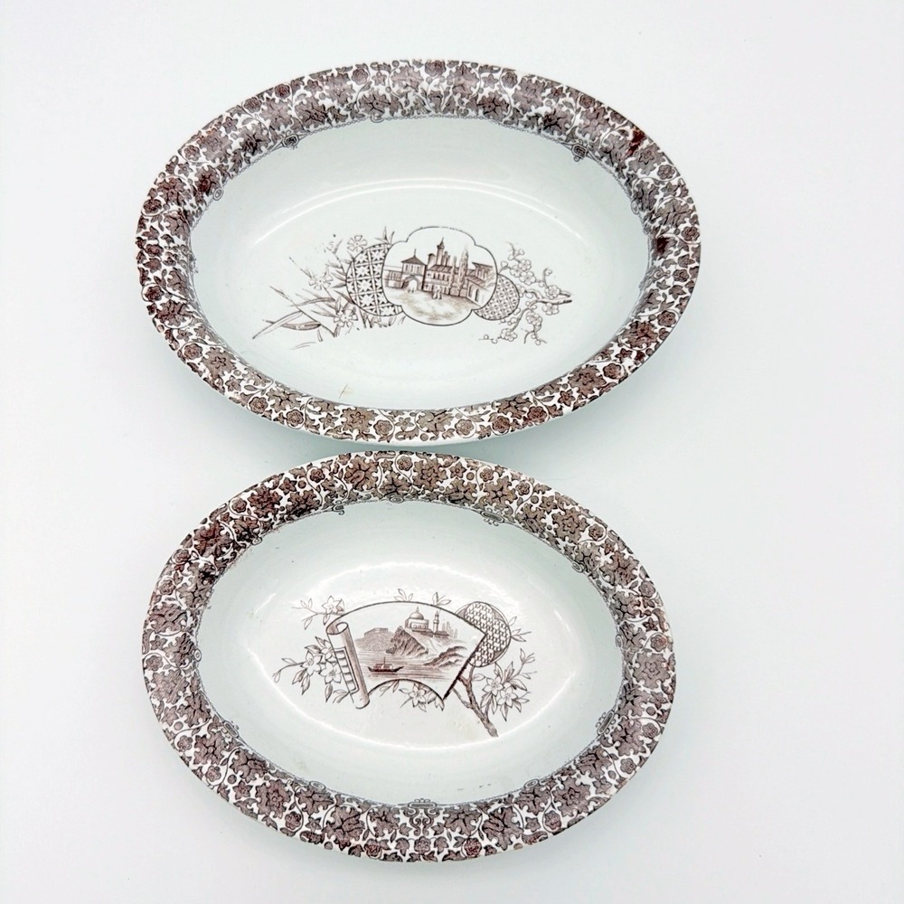 Antique Copeland Ironstone Brown Transferware Oval Serving Bowls Set Of 2